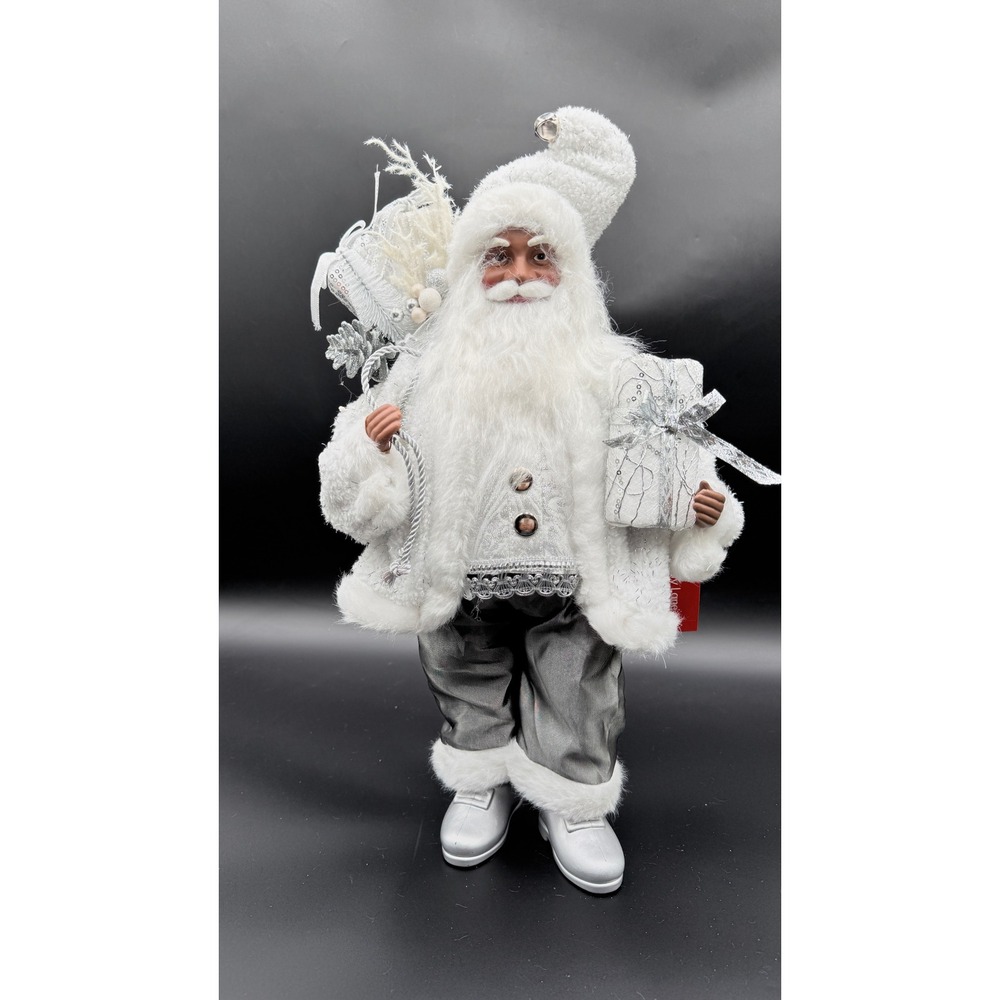 Macy's Northern Lights Black Santa Figurine 18 Inch White Silver Faux Fur